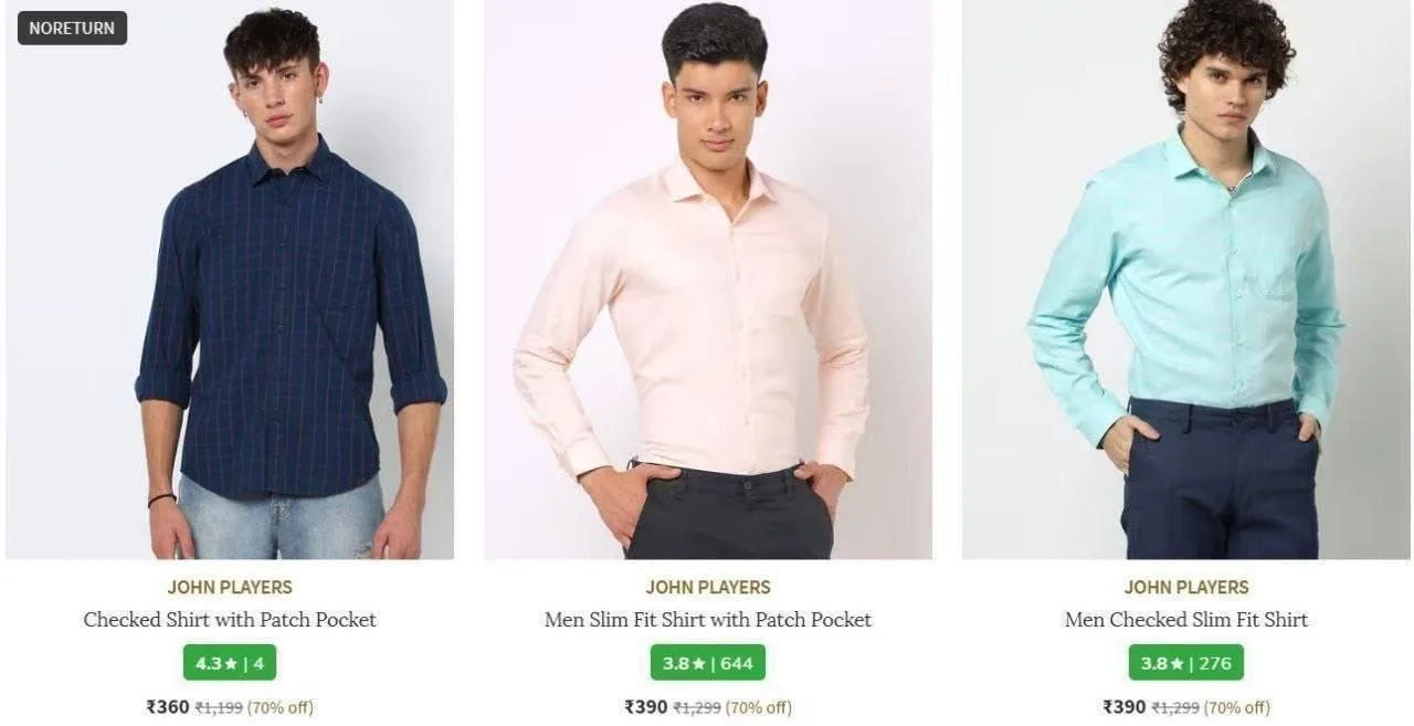 Combo Deal – AJIO  Upto 70% Off On John Players Brand Clothing T-Shirts, AJIO  Upto 70% Off On John Players Brand Clothing Jeans, AJIO  Upto 70% Off On John Players Brand Clothing Shirts