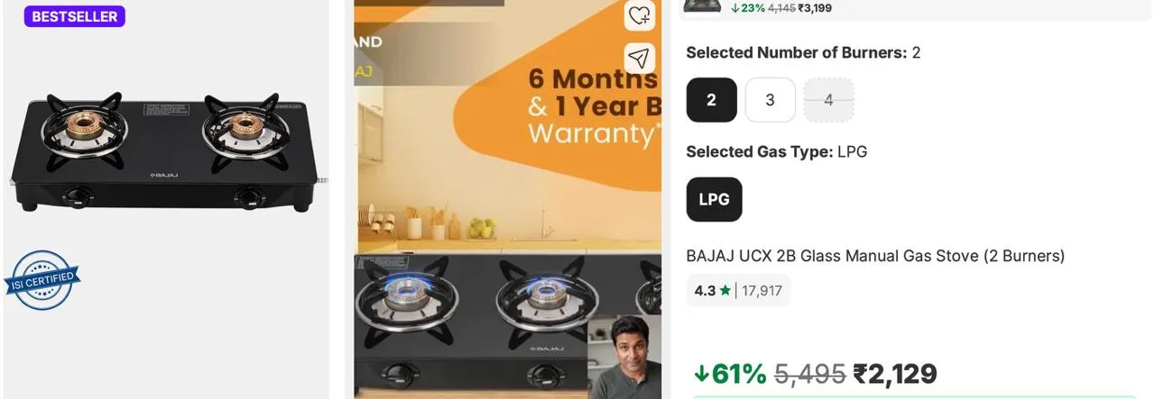 61% Off - BAJAJ UCX 2B Glass Manual Gas Stove at Rs.2129