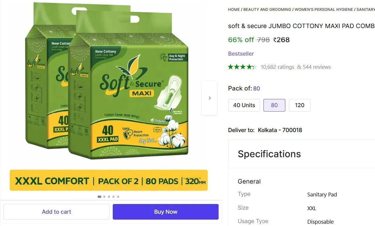 Pack of 80 Sanitary Pad @ ₹268