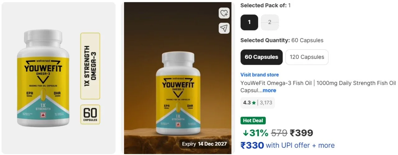 **Flipkart | YouWeFit Omega 3 Fish Oil Daily Strength (60 Capsules) at 399.**