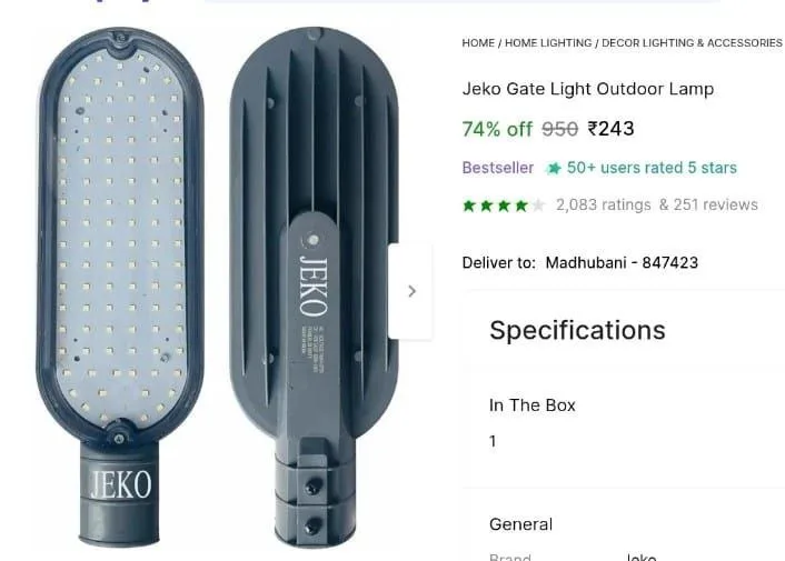 *74% Off:* Jeko 20 Watts LED Street Light @ *₹243*