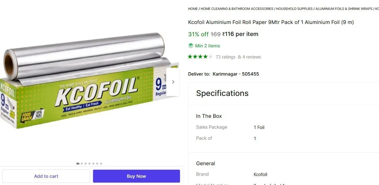 Aluminum Foil Roll Paper 9 Mtr @ ₹116
