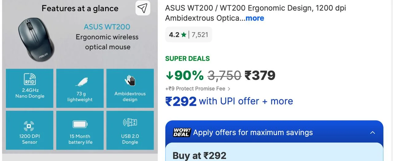90% Off - ASUS 1200 DPI Wireless Optical Mouseat Rs.379