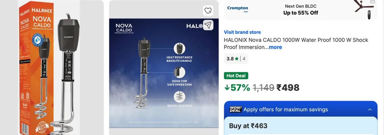 57% Off - HALONIX Nova CALDO 1000W Water Proof 1000 W Heater Rod(Water) at Rs.498