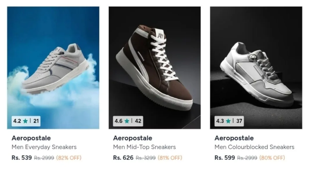Combo Deal – Myntra  Upto 82% Off On Branded Clothing & Shoes. Aeropostale, Myntra  Upto 82% Off On Branded Clothing & Shoes. Shoes, Myntra  Upto 82% Off On Branded Clothing & Shoes. FCUK, Myntra  Upto 82% Off On Branded Clothing & Shoes. Shoes