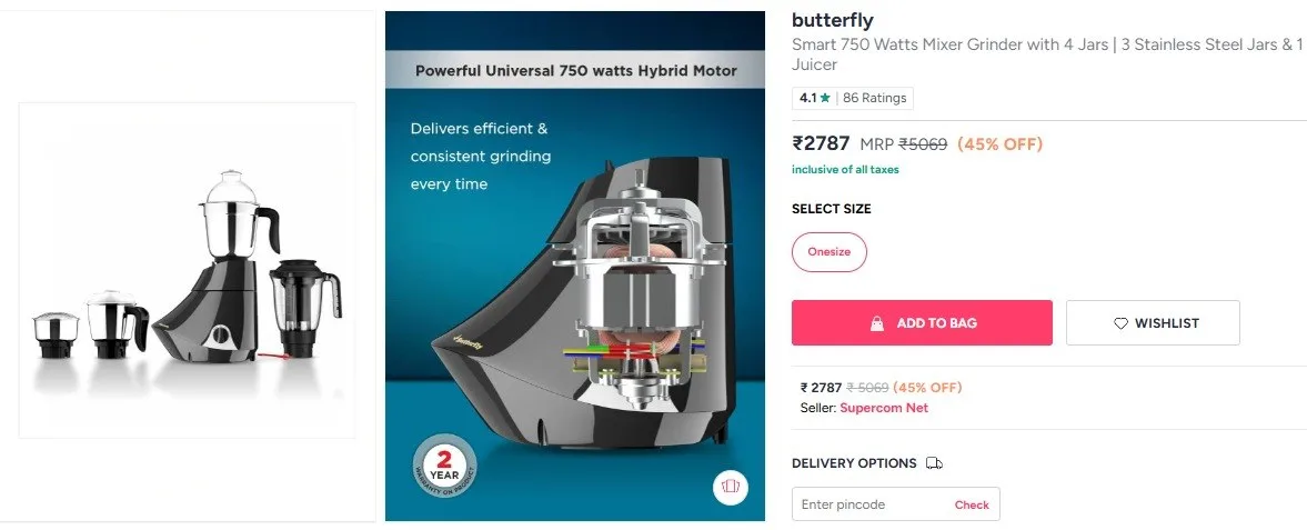 **Myntra | Butterfly Smart 750 Watts Mixer Grinder with 4 Jars @ 2787**