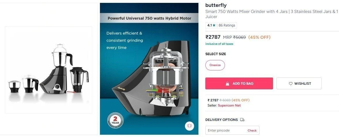 Butterfly Smart 750 Watts Mixer Grinder with 4 Jars @  2787