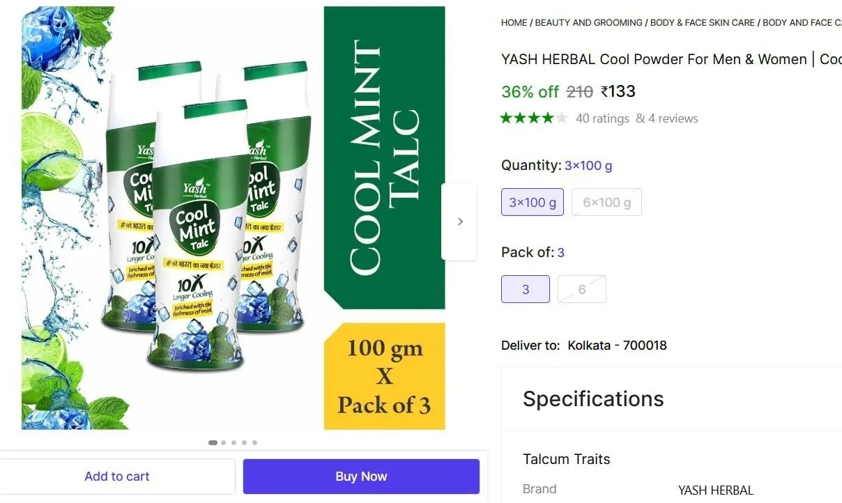 **Shopsy | Talcum Powder (3 × 100g) at ₹133**