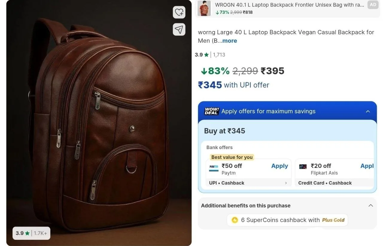 Worng 40L Laptop Backpack at ₹395