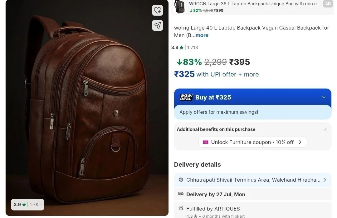 Flipkart  | Worng 40L Laptop Backpack