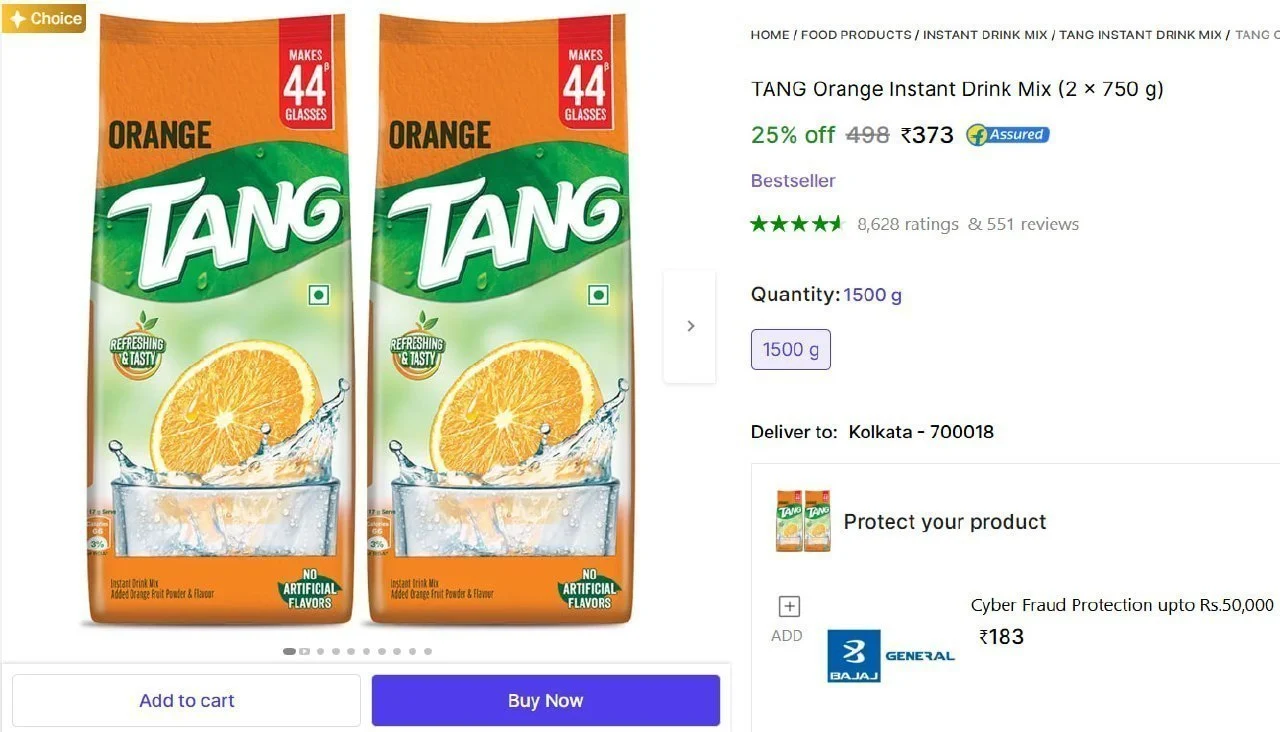 **Shopsy | TANG Orange Instant Drink Mix (2 x 750 g)  ₹373**