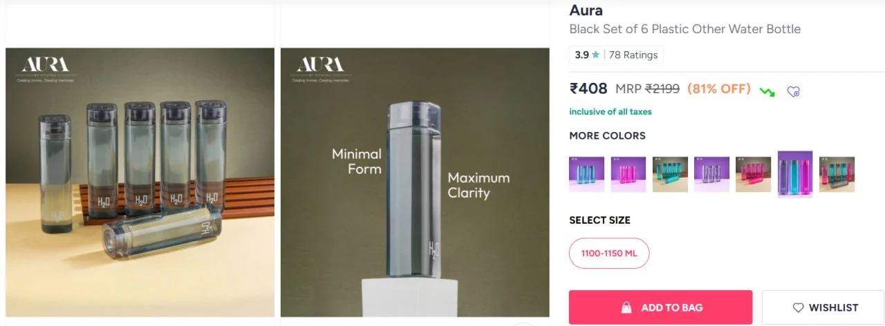 **Myntra | H20 Water Bottle set of 6 at 461/- **