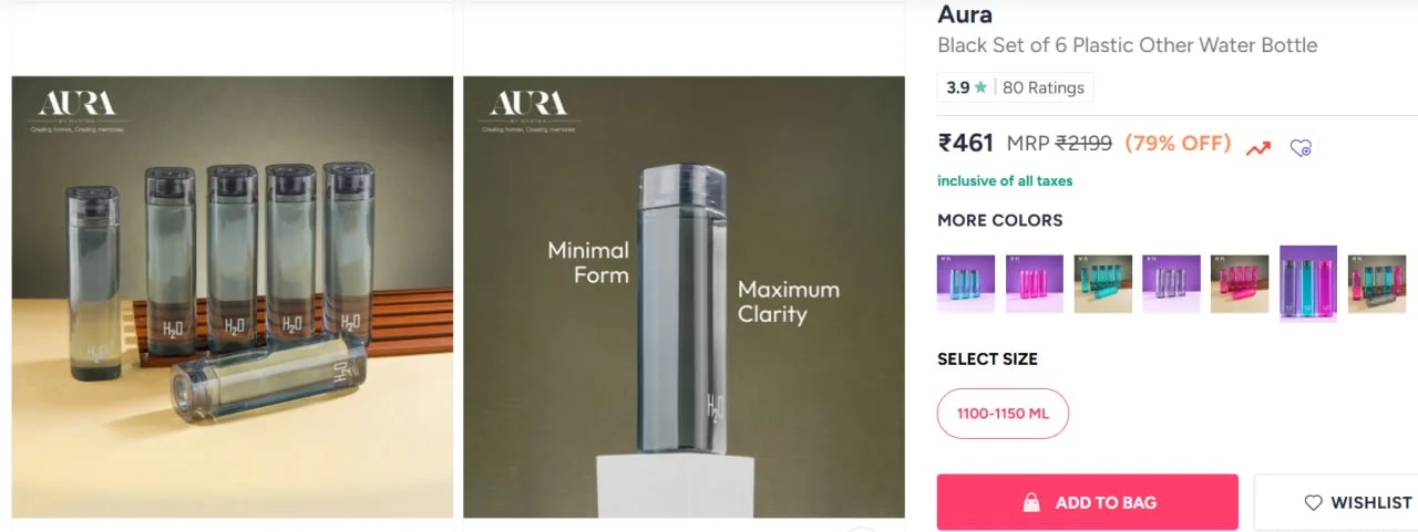 **Myntra | H20 Water Bottle set of 6 at 461/- **