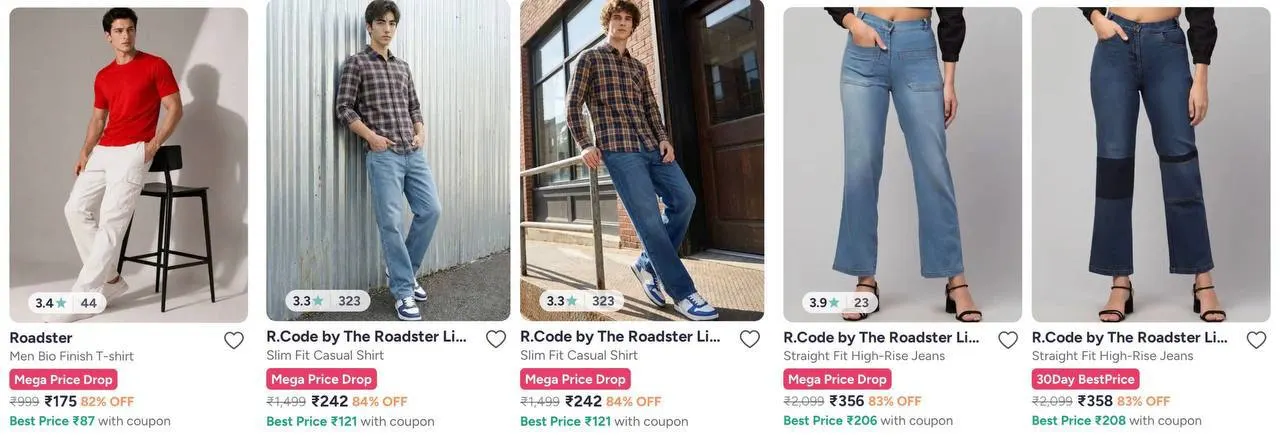 🔥 LOOT - **Myntra Loot : Upto 85% Off On Roadster Clothing.