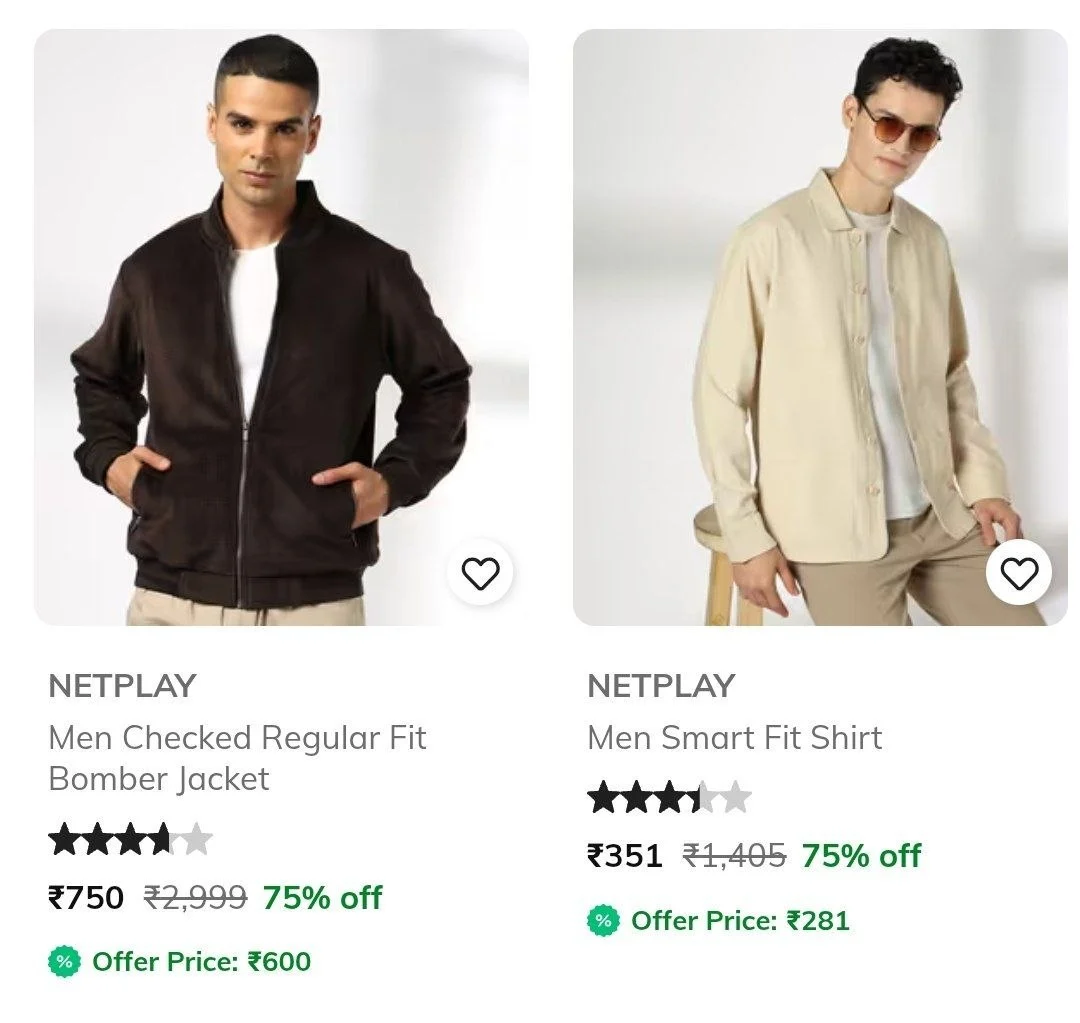 Combo Deal – AJIO  Upto 75% Off On NETPLAY Clothing. Tshirts, AJIO  Upto 75% Off On NETPLAY Clothing. Shirts, AJIO  Upto 75% Off On NETPLAY Clothing. Trousers, AJIO  Upto 75% Off On NETPLAY Clothing. Sweaters/Sweatshirts & 1 more