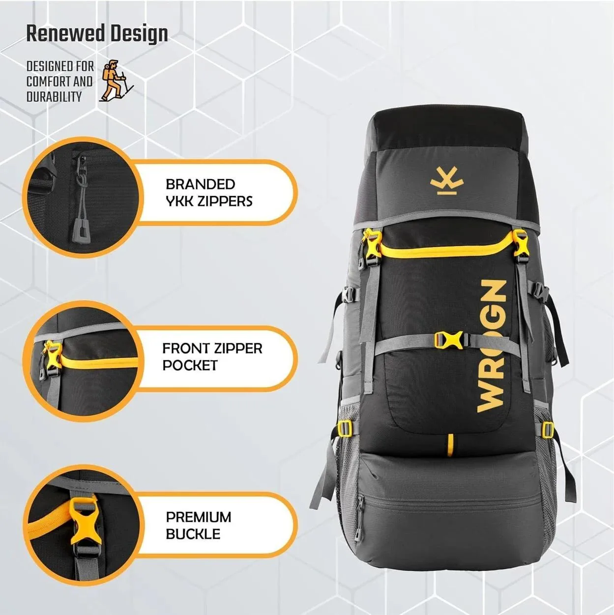 83% Off - WROGN Trekking Bag For Hiking with Rain Cover Rucksack - 65 L  at Rs.679