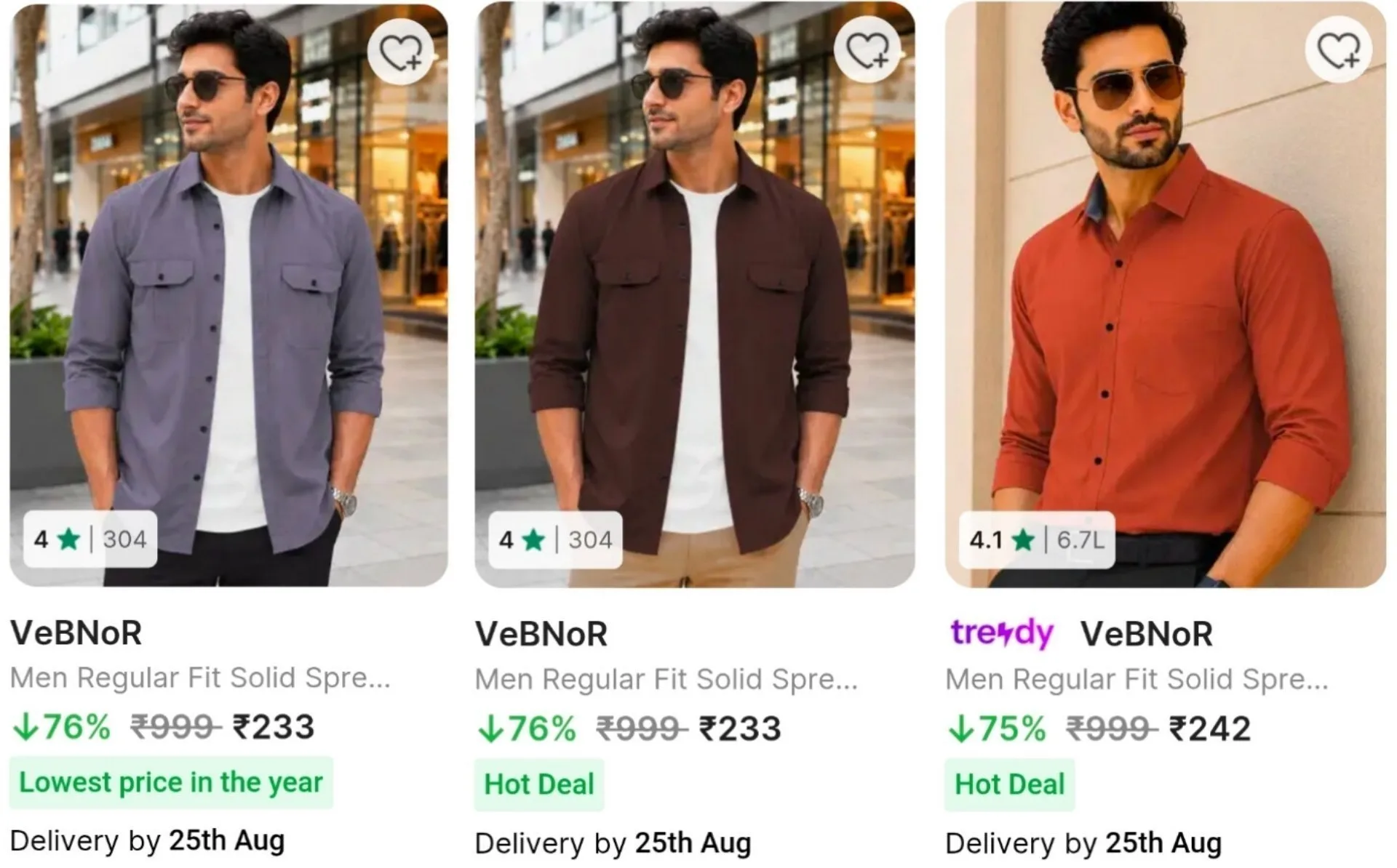 Vebnor Men's Shirt From ₹233