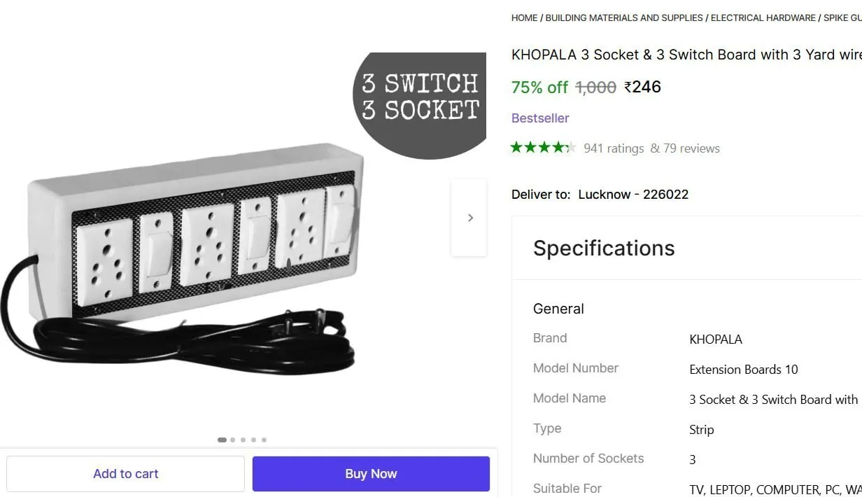 3 Socket & 3 Switch Board with 3 Yard Wire @ ₹246