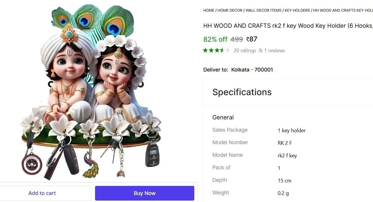 Wood Key Holder (6 Hooks, Multicolor) @ ₹87