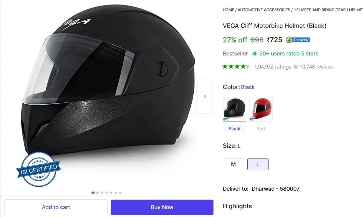 VEGA Cliff Motorbike Helmet (Black) @ 725