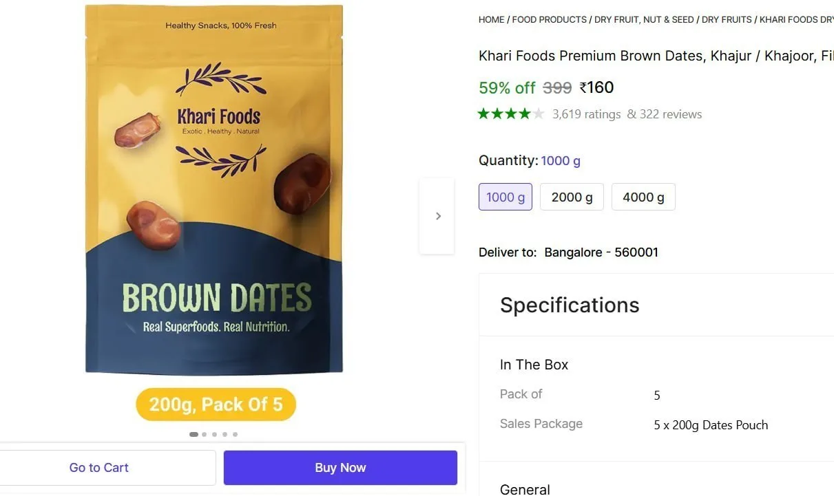 Khari Foods Premium Brown Dates, 1kg @ 160