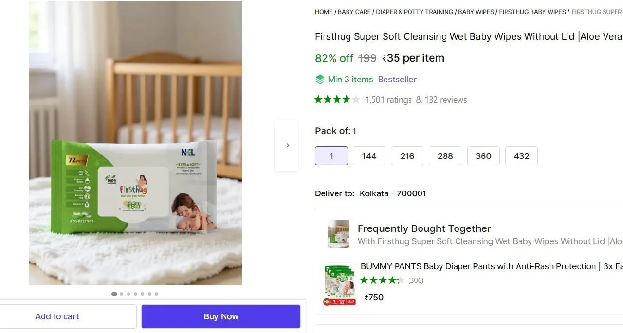Soft Cleansing Wet Baby Wipes 72 Pcs/Pack @ ₹35