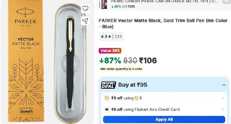 87% Off - PARKER Vector Matte Black, Gold Trim Ball Pen (Ink Color - Blue) at Rs.106