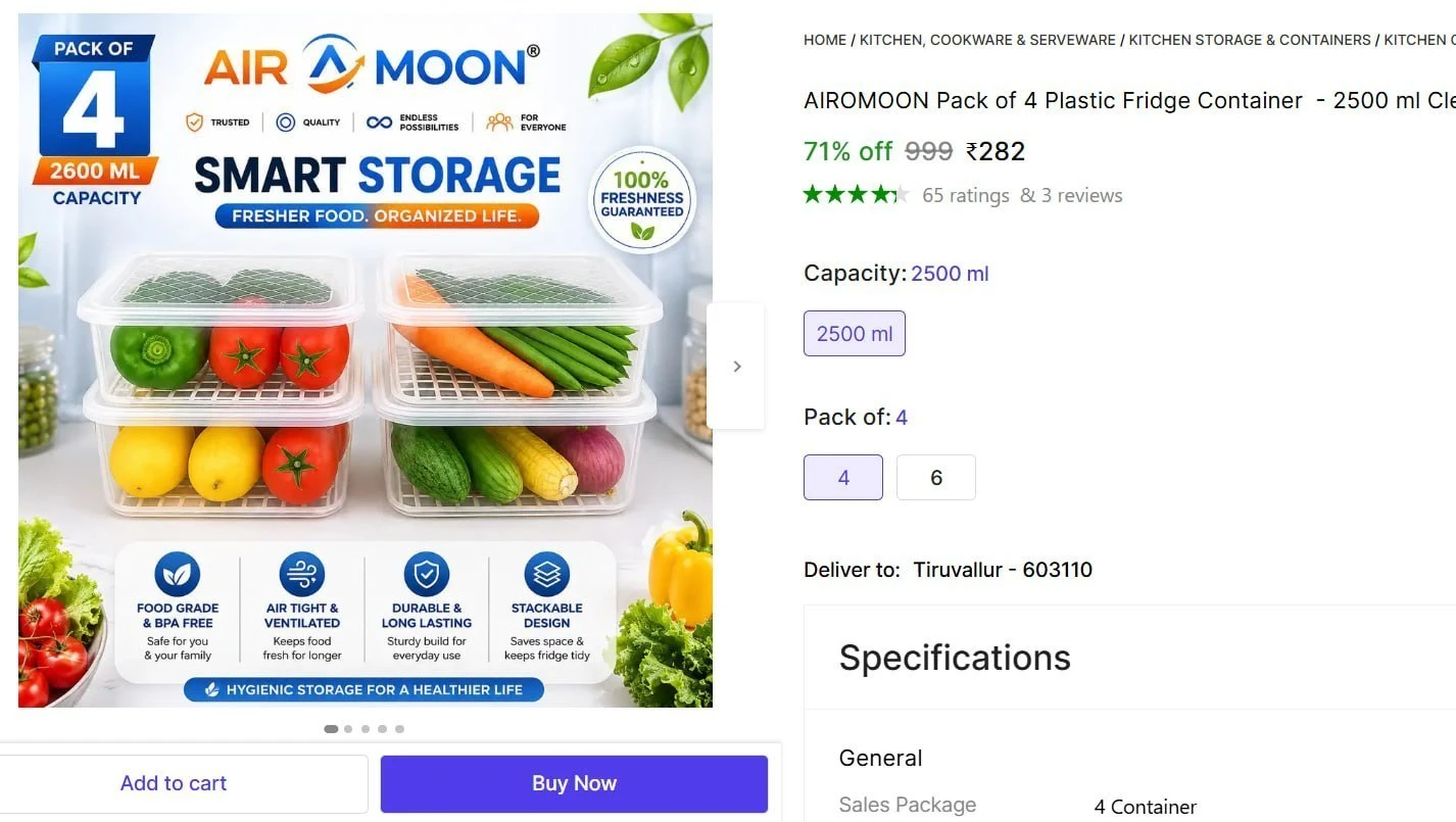 Pack of 4 Plastic Fridge Container @ 282
