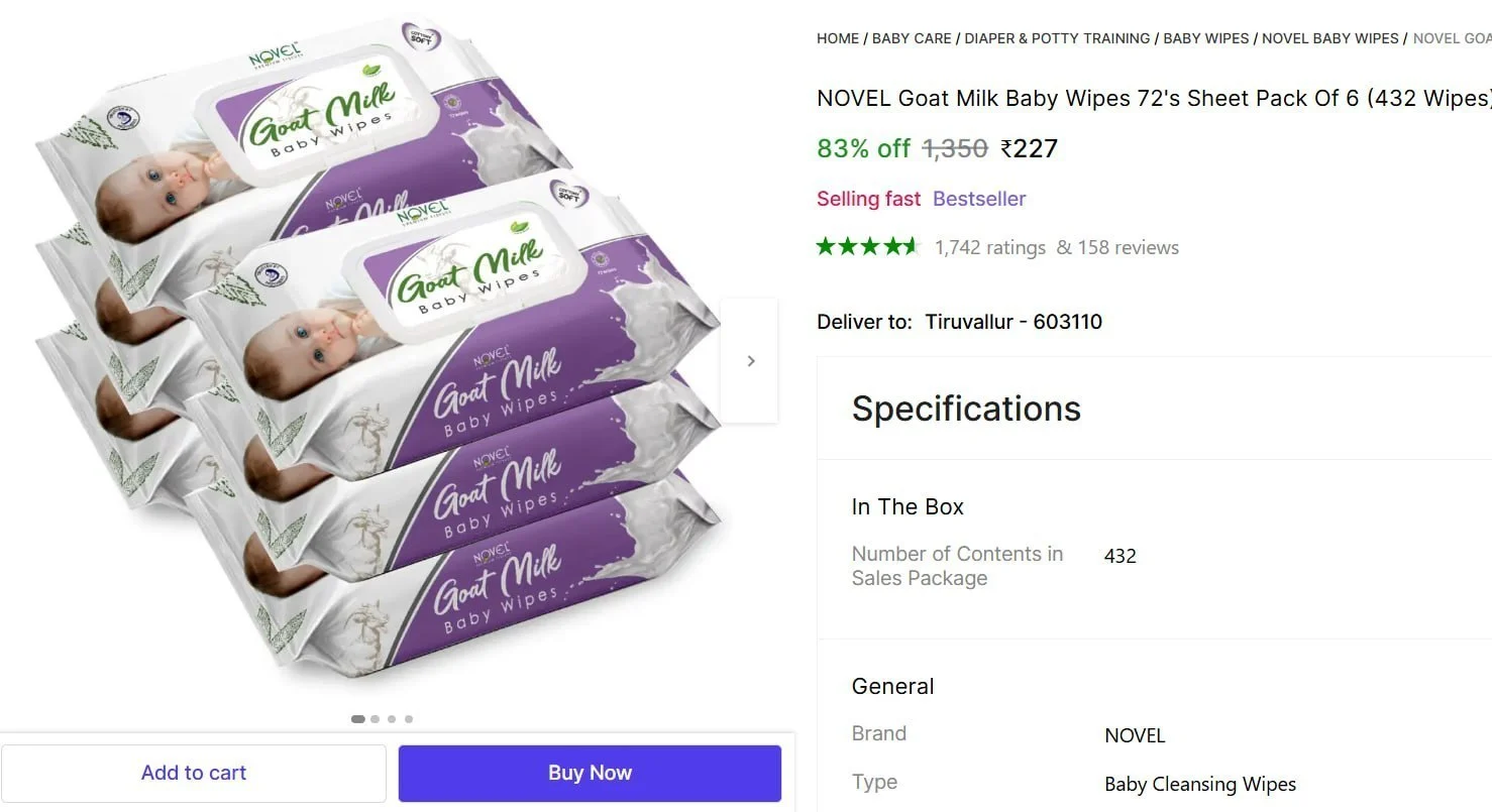 Goat Milk Baby Wipes 72's Sheet Pack Of 6 (432 Wipes) @ 227