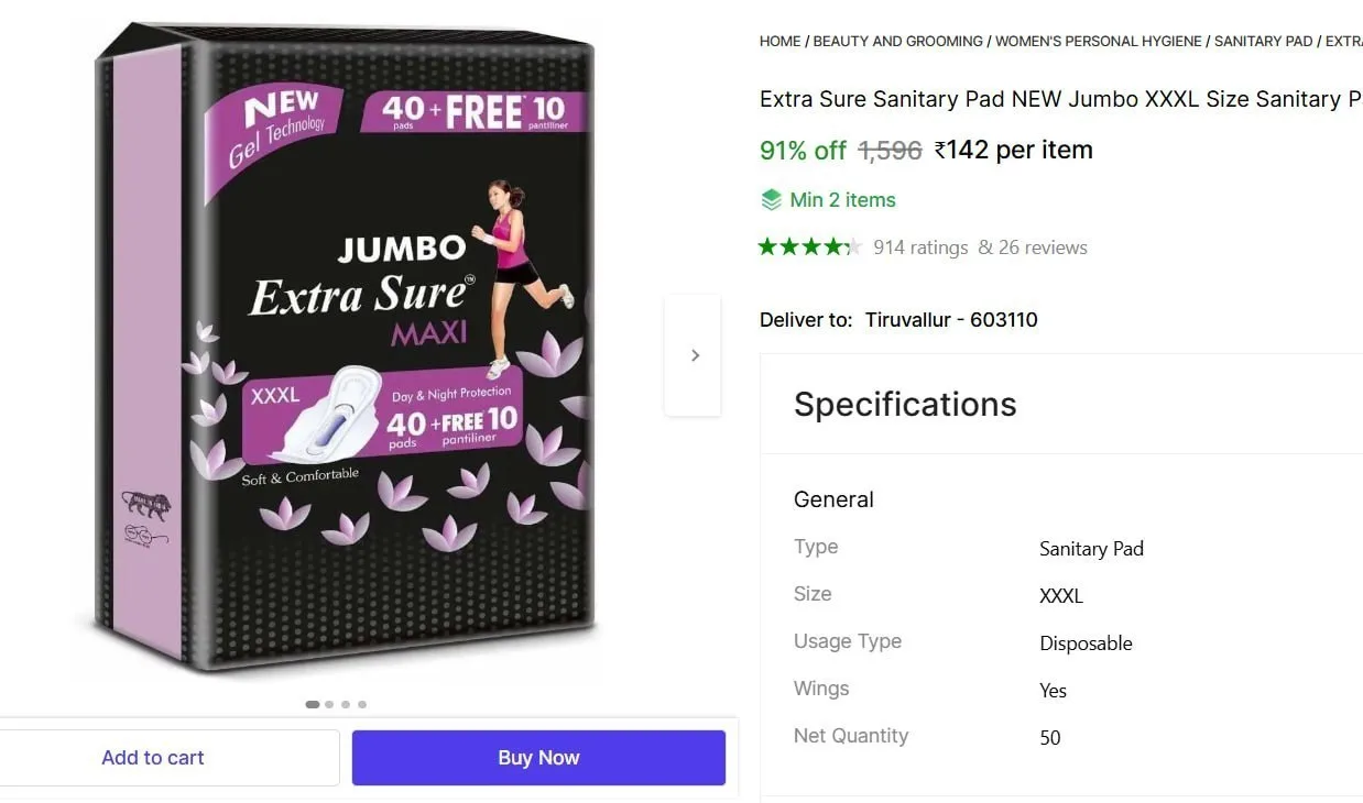 XXXL Size Sanitary Pad (Pack of 40+10 Pantyliner) @ 142