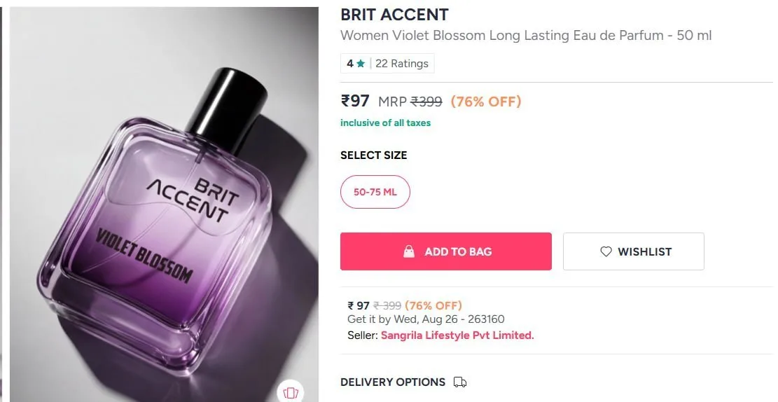 **Myntra | BRIT ACCENT Women's Eau de Parfum - 50 ml @ ₹97**