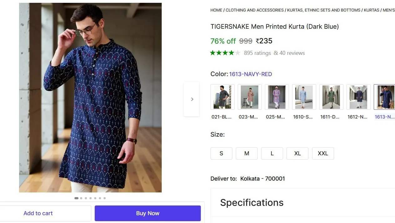 Men's Printed Kurta (Dark Blue) @ 235