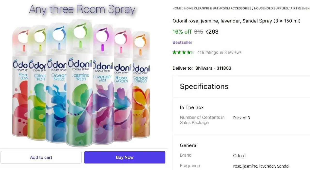 Odonil rose, jasmine, lavender, Sandal Spray (3 x 150 ml) @ 263