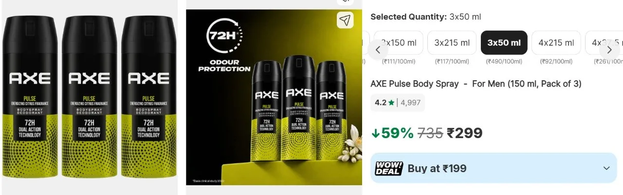 Flipkart | AXE Pulse Body Spray(pack of 3) at RS.299