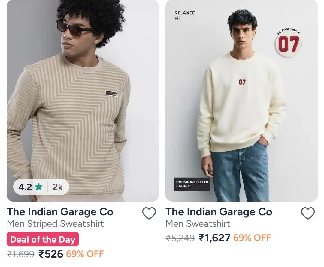 Myntra  : Upto 69% Off on Mens Sweatshirts The Indian Garage Co