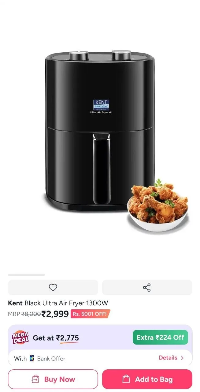 Kent Black Ultra Air Fryer 1300W @2999