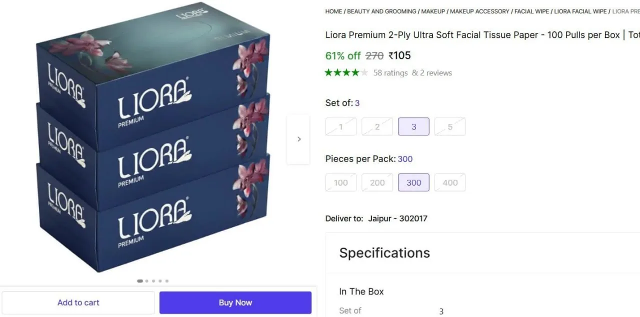 **Shopsy |  Facial Tissue Paper - 100 Pulls per Box | Total (300 Tissues) @ ₹105**