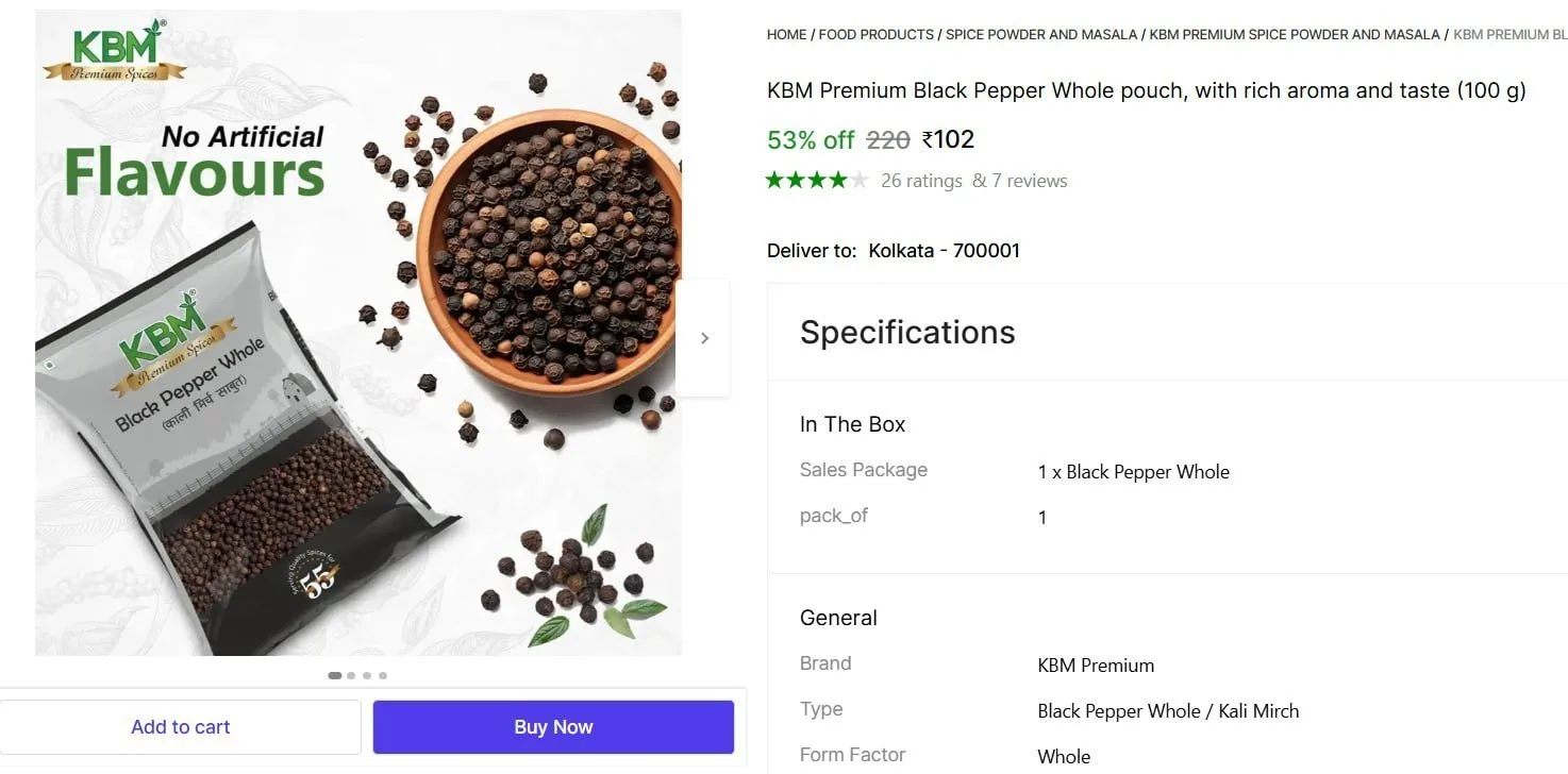 KBM Premium Black Pepper Whole Pouch (100 g) @ 102
