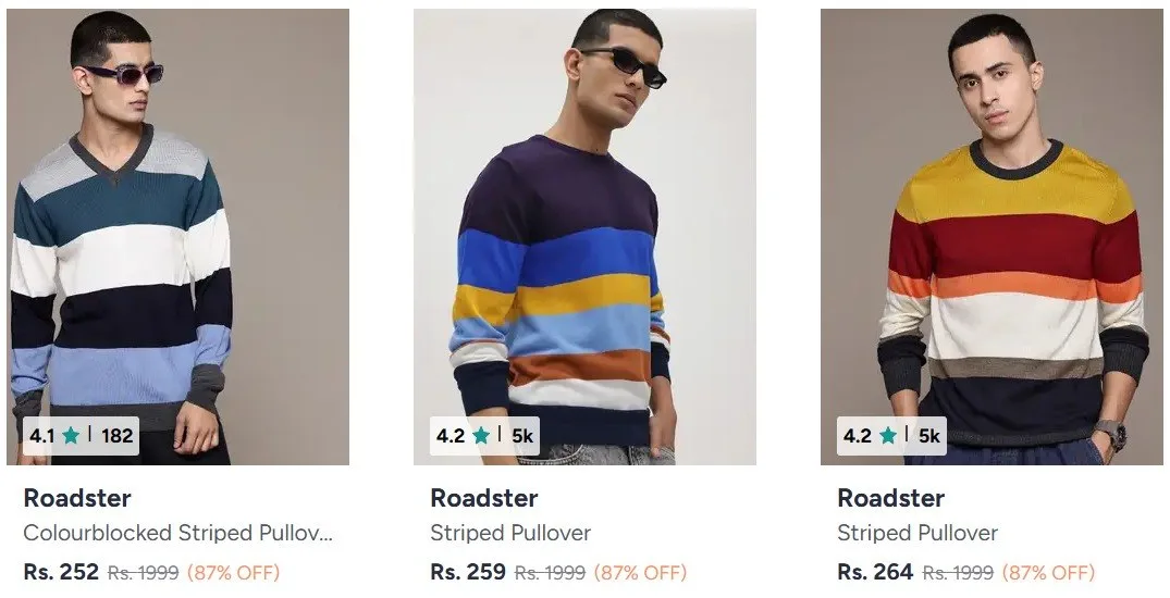 Myntra : Roadster Sweaters Upto 87% Off