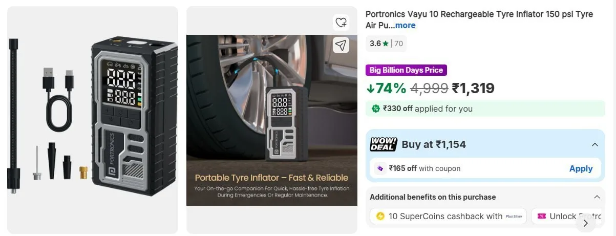 Portronics Tyre Air Pump for Car & Bike at ₹1319
