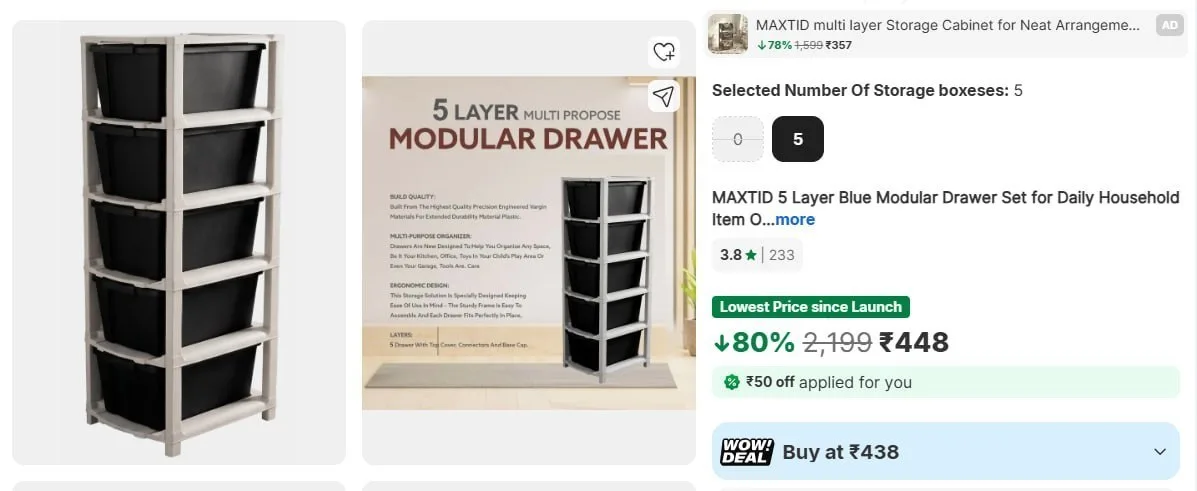 5-Layer Blue Modular Drawer Set Rs.448