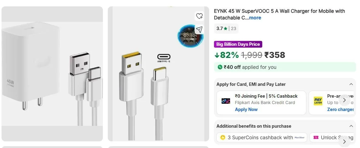 82% Off - Eynk Mobile Charger, 45 W  At Rs.358