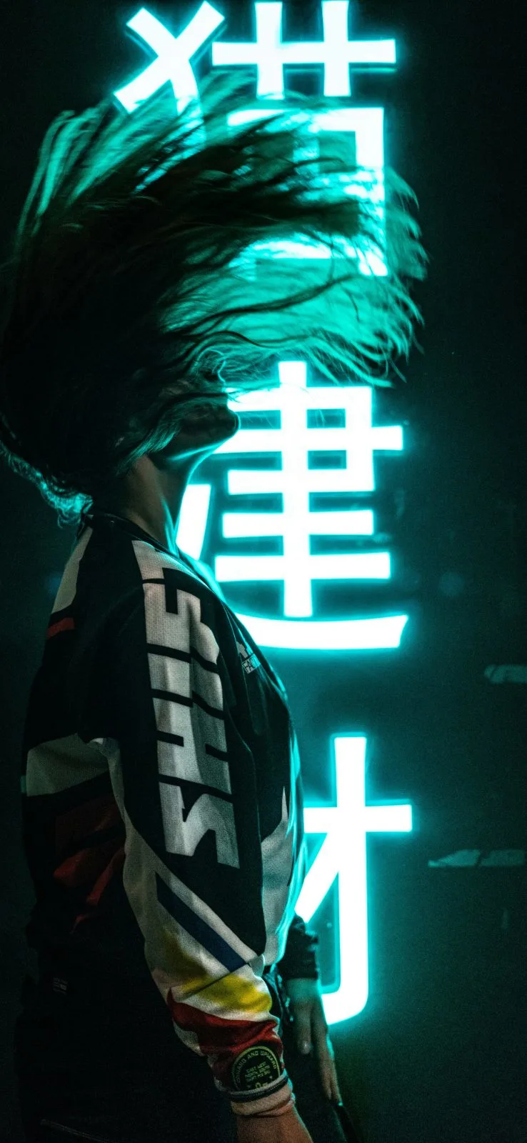 Neon Hair Flip — high-resolution wallpaper (3670×7952)
