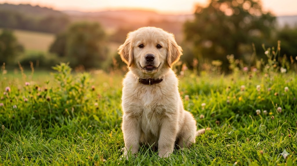 golden retriever puppy sitting on green grass