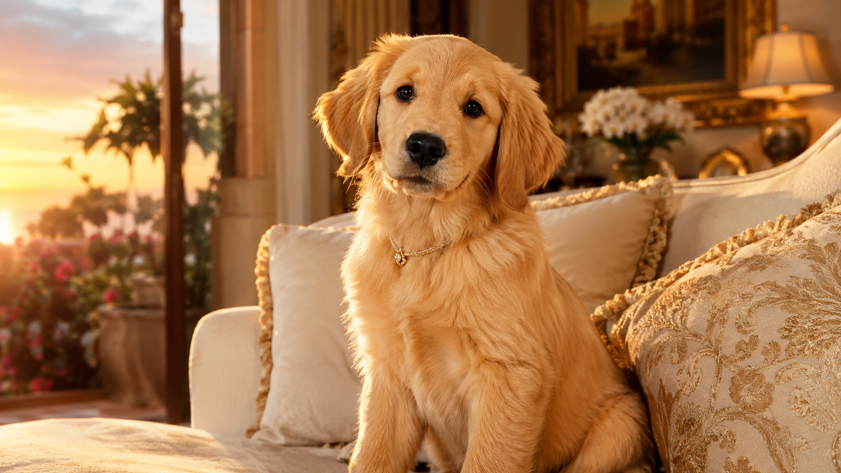 luxury female puppy sitting on elegant sofa with golden lighting