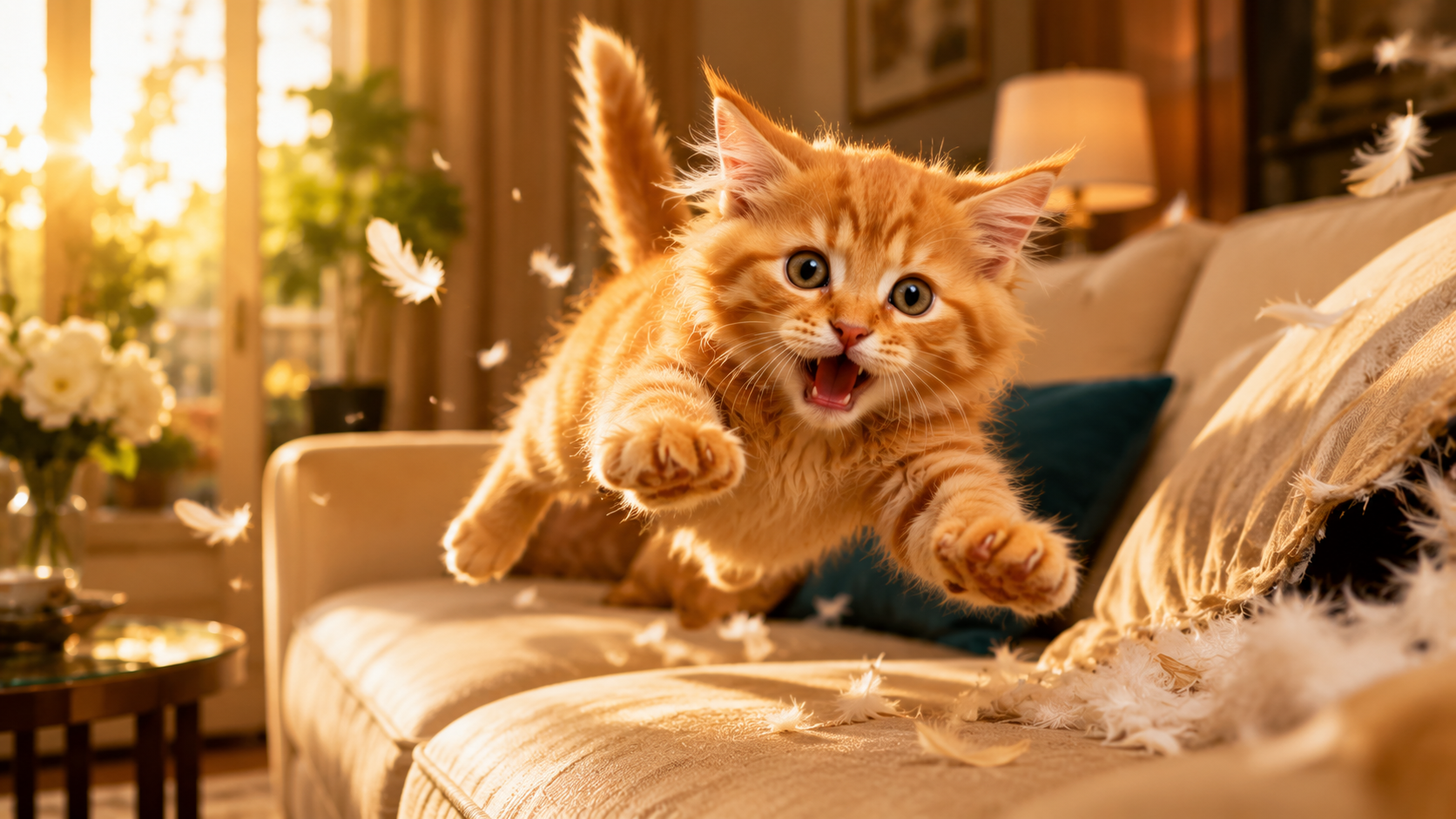 funny orange kitten making chaotic expression on sofa