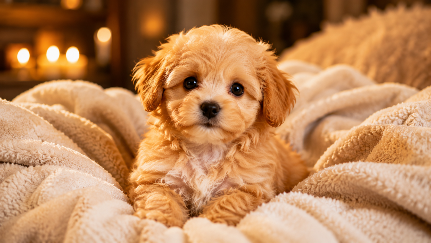 cute small fluffy puppy sitting in cozy warm lighting