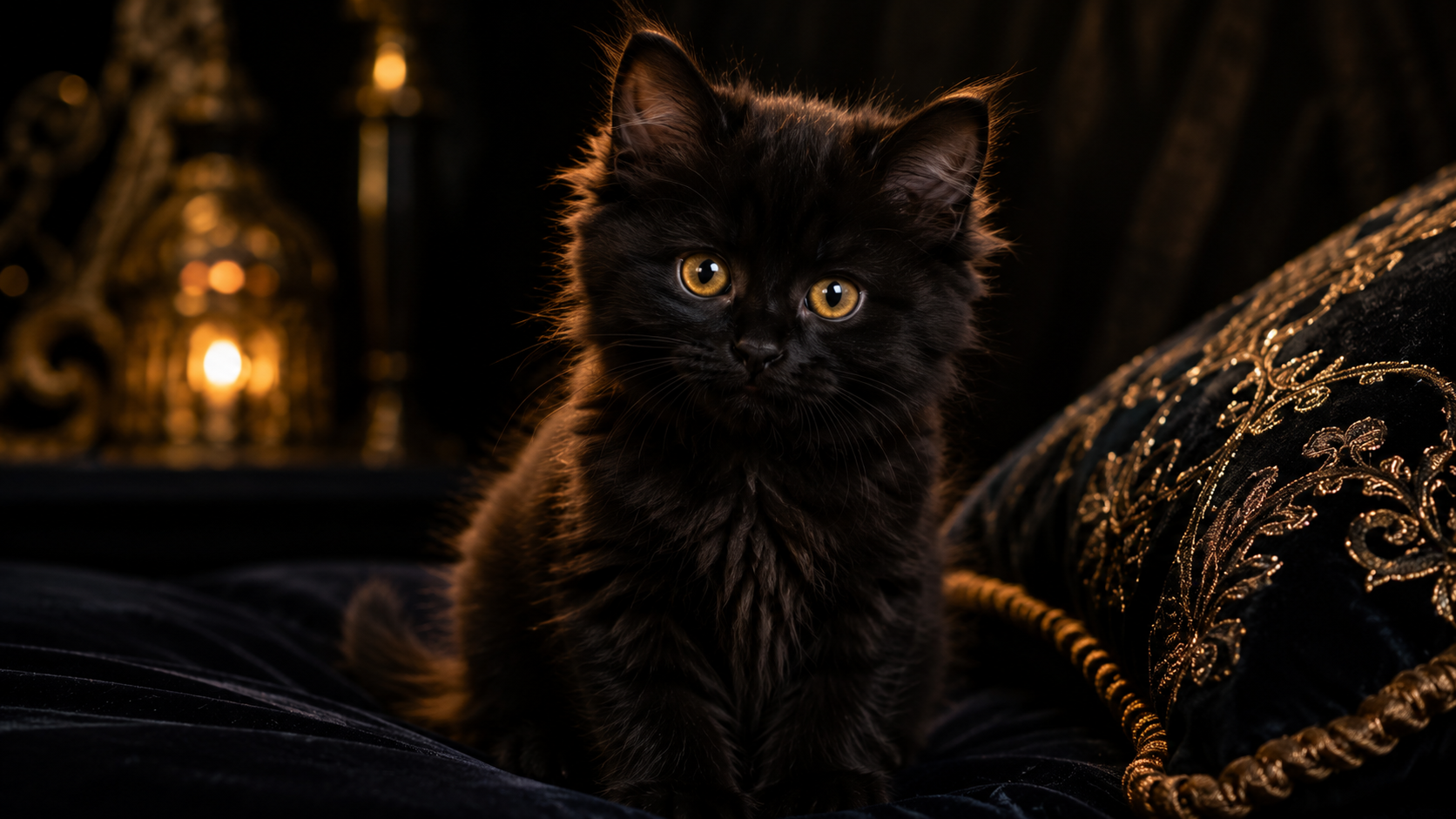 mysterious black kitten with glowing eyes sitting in dark cinematic lighting