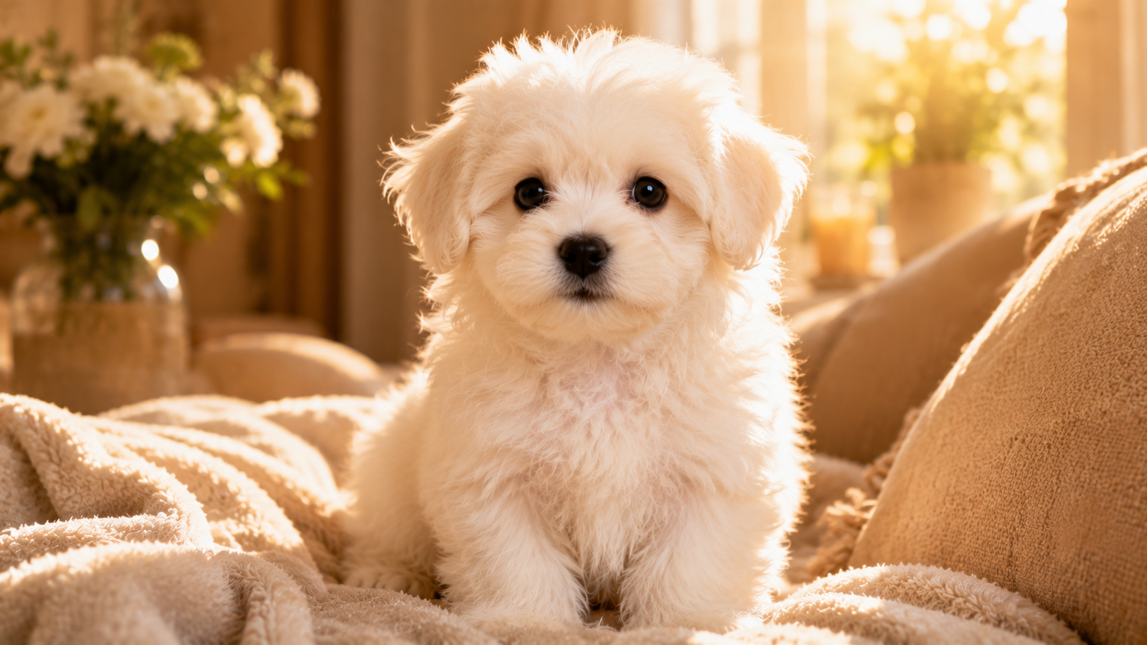 fluffy white puppy sitting in soft luxury lighting