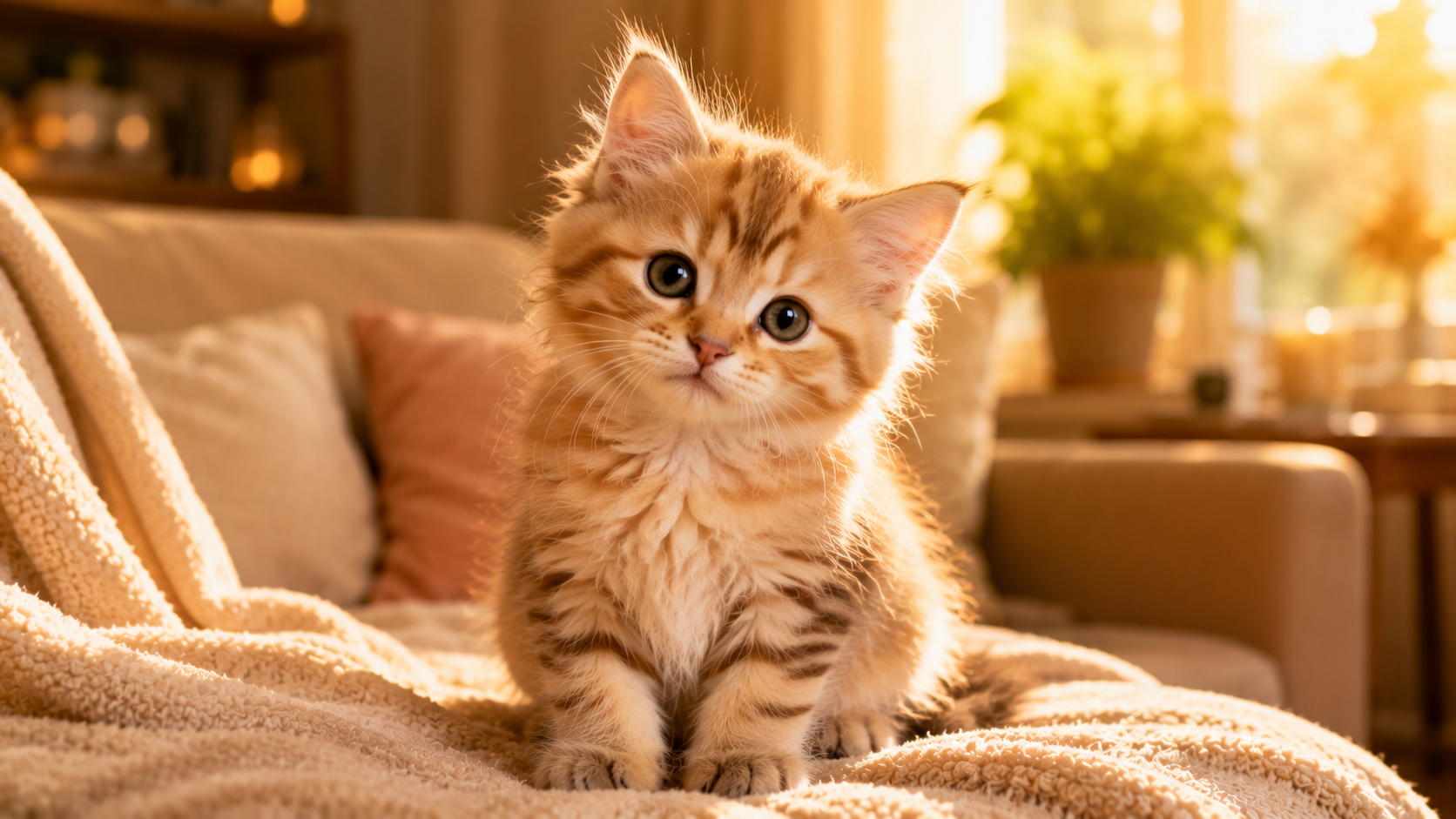 cute female kitten sitting in cozy warm sunlight